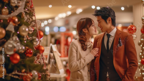 AI generated portrait of Asian couple shopping in mall decorated for Christmas