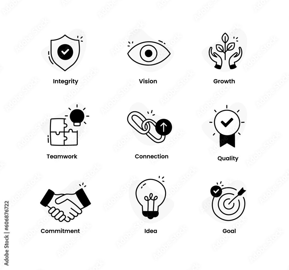 Company Core Value Icons - A Set of High-Quality Hand drawn Style Icons. Integrity, Vision, Growth, Teamwork, Quality, Ideas, Commitment, and more.