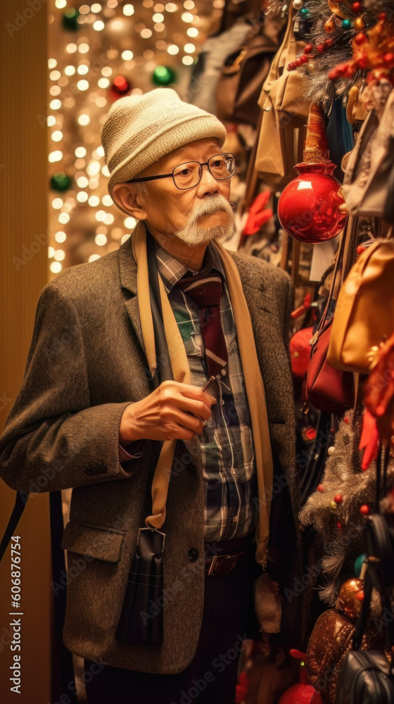 AI generated portrait of Asian old man shopping in mall decorated for Christmas