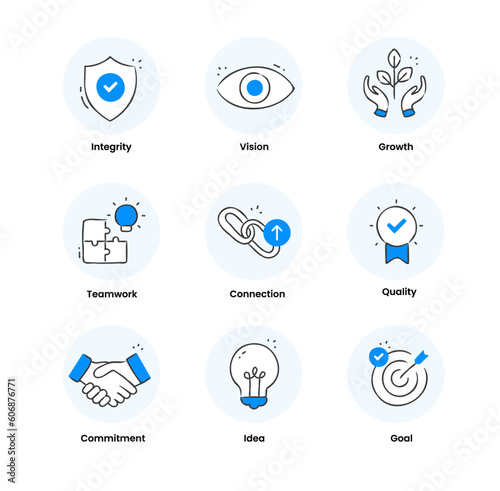 Company Core Value Icons - A Set of High-Quality Hand drawn Style Icons. Integrity, Vision, Growth, Teamwork, Quality, Ideas, Commitment, and more.