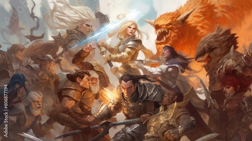 Epic fantasy battle between different races and factions, featuring warriors, mages, and mythical creatures locked in a clash of swords and magic