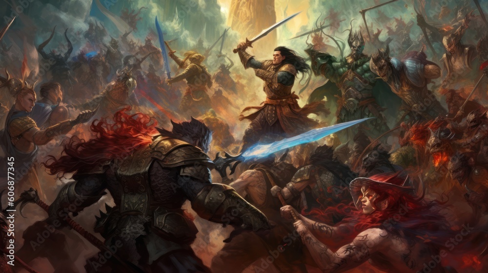 Epic fantasy battle between different races and factions, featuring ...