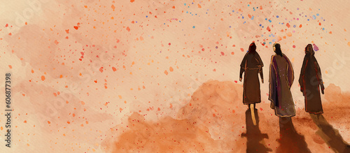 On the road to Emmaus. Bible story. Watercolor background.