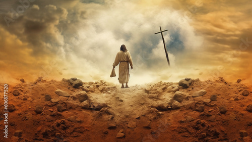 Man walking through rough terrain towards a cross. Generative AI.