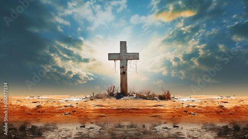 Old Cross in a deserted land. Generative AI.