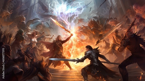 Epic fantasy battle between different races and factions, featuring warriors, mages, and mythical creatures locked in a clash of swords and magic
