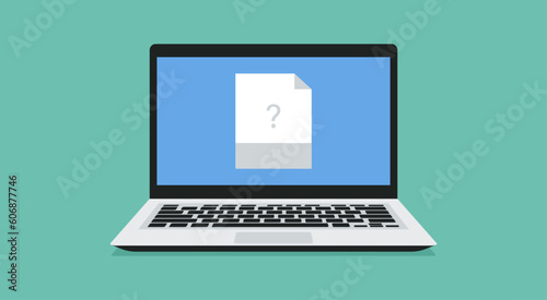 missing file format icon on laptop screen, vector flat illustration