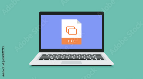 file format icon with EXE label on laptop screen, vector flat illustration