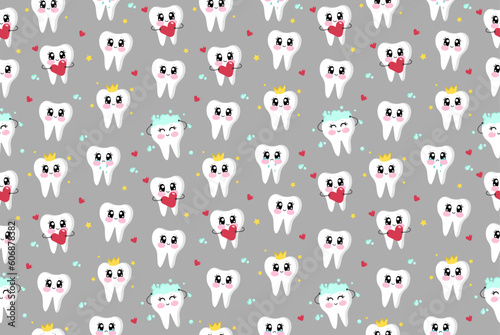 Big seamless pattern of cute snow white happy tooth, crying and sick moody tooth with hearts and cleaning. Cartoon characters in flat design. Kawaii tooth characters for childrens and babies for print