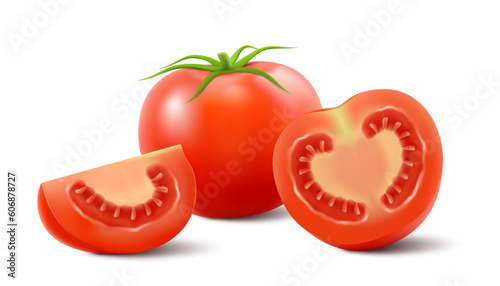 Red tomatoes isolated on white background. Realistic 3d Vector illustration. Whole, half and slice tomatoes with green leaves. Fresh vegetables