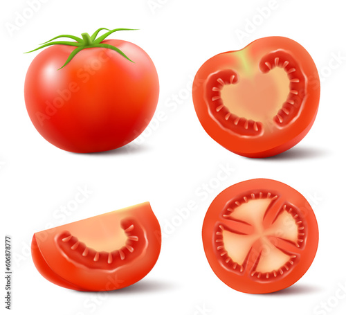 Set of red tomatoes isolated on white background. Realistic 3d Vector illustration. Whole, half and slice tomatoes with green leaves. Fresh vegetables
