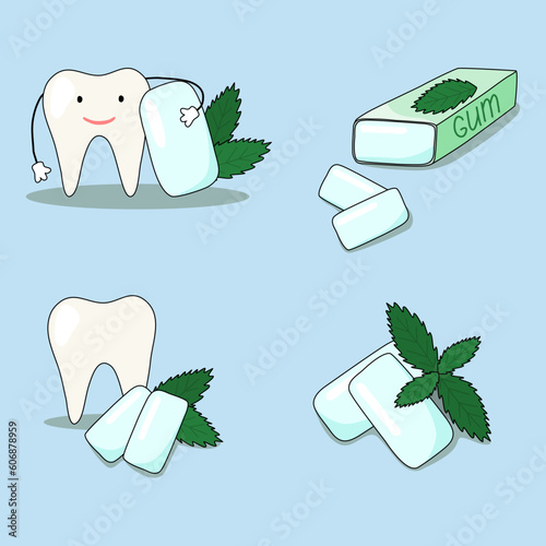 Set of elements with mint flavour gum pads, fresh mint leaves and tooth, doodle style flat vector