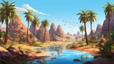 Illustrate an oasis in a vast desert, with palm trees, flowing water, and a sense of tranquility amidst the arid landscape