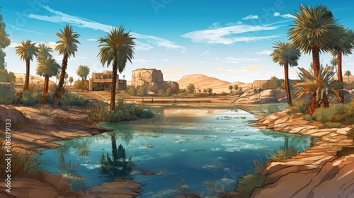 Illustrate an oasis in a vast desert, with palm trees, flowing water, and a sense of tranquility amidst the arid landscape