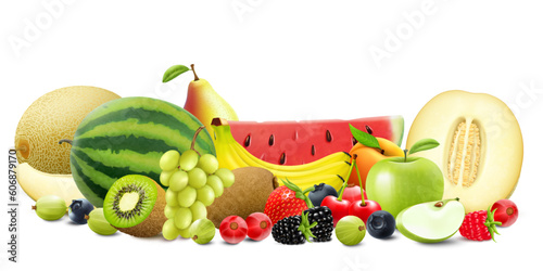 Fresh ripe juicy fruits and berries of strawberry, pear, banana, melon, watermelon, gooseberry, blueberry, blackberry, grape, currant, cherry. realistic 3d vector illustration