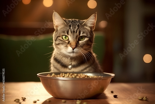 a gray tabby cat sits next to an iron bowl with dry food in room. AI generated. The concept of animal feed and pet stores. Generative AI