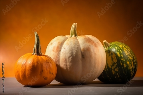 three assorted pumpkins on orange background, horizontal. Halloween and Thanksgiving autumn concept. AI generated
