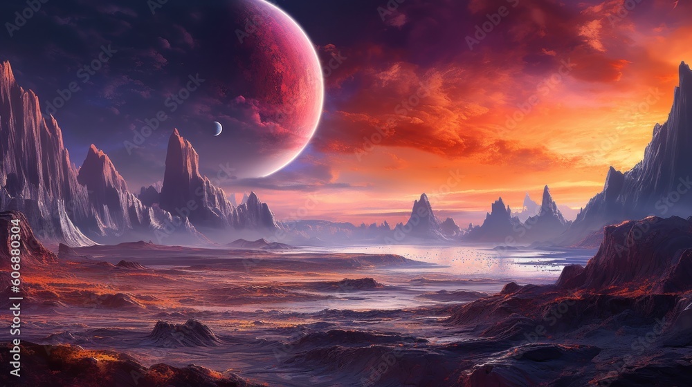 Paint breathtaking landscapes on distant planets or moons, featuring alien terrains, colorful atmospheres, and breathtaking vistas