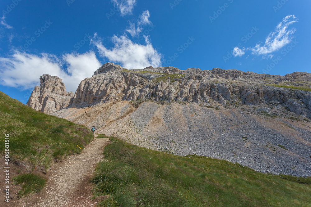 Southern side of Latemar summit with Torre di Pisa alpine hut. UNESCO world heritage site, Trentino-Alto Adige, Italy, Europe