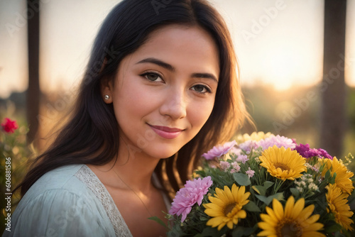 Portrait of a woman with bouquet of flowers in a garden. Generative AI.