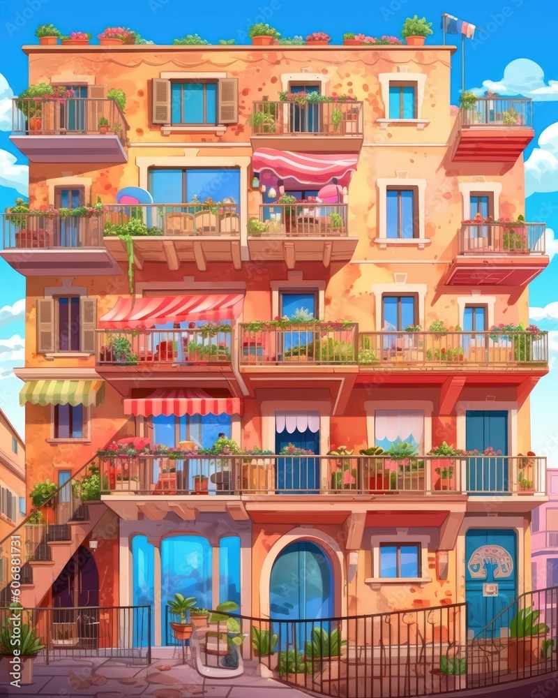 An Italian-style apartment building façade with colorful balcony. (Illustration, Generative AI) An Italian-style apartment building façade with colorful balcony. (Illustration, Generative AI)