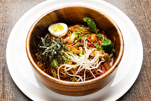 asian noodle with meat and vegetables