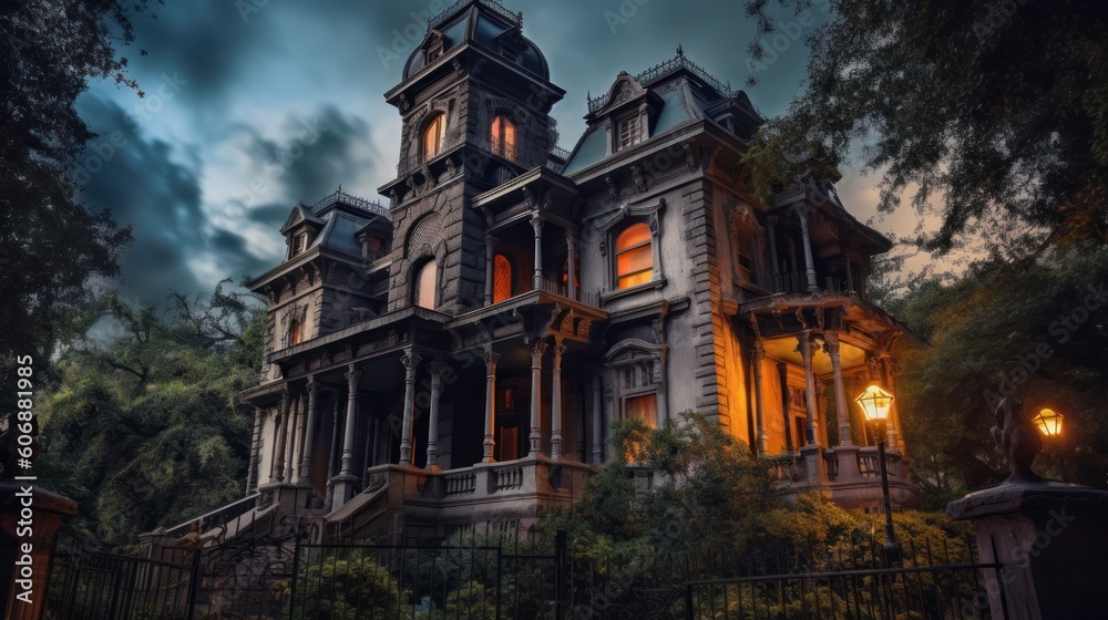 Spooky haunted mansion, complete with eerie architecture, ghostly apparitions, and hidden secrets waiting to be discovered Spooky haunted mansion, complete with eerie architecture, ghostly apparitions, and hidden secrets waiting to be discovered