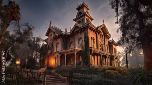 Spooky haunted mansion, complete with eerie architecture, ghostly apparitions, and hidden secrets waiting to be discovered
