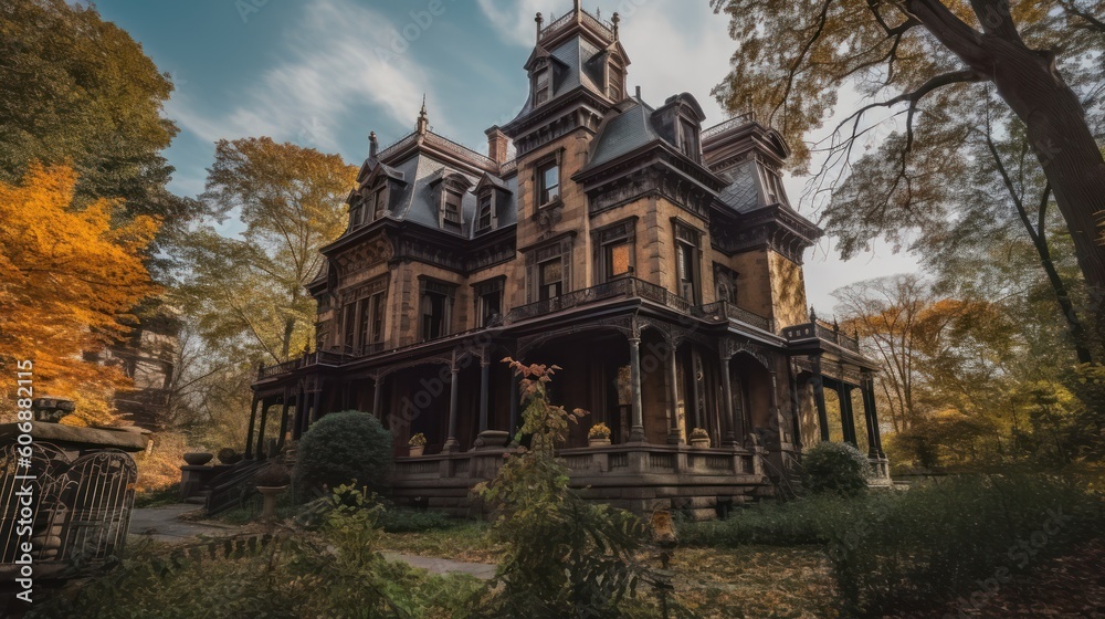 Spooky haunted mansion, complete with eerie architecture, ghostly apparitions, and hidden secrets waiting to be discovered