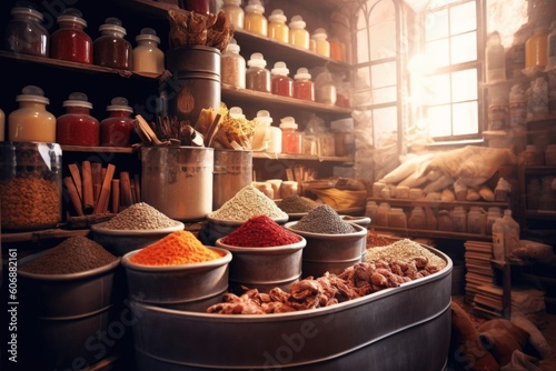 Aromatic Rainbow: Huge Colorful Market Filled with Baskets of Spices. Generative
