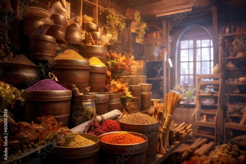 Aromatic Rainbow: Huge Colorful Market Filled with Baskets of Spices. Generative