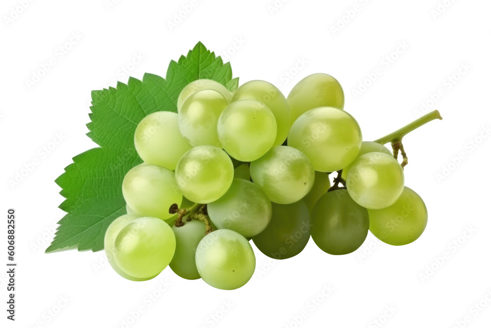 Green grape with leaves on transparent background