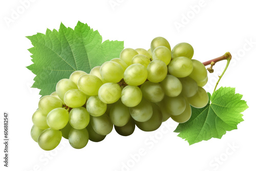 Green grape with leaves on transparent background