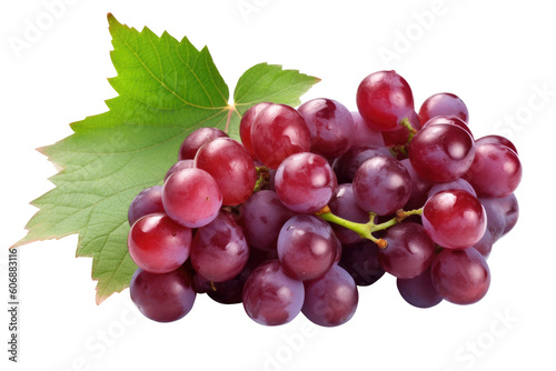 Red grape with leaves on transparent background