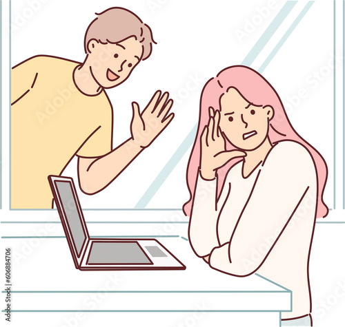 Woman ignores annoying man stalker who wants to start romantic relationship or inviting on date
