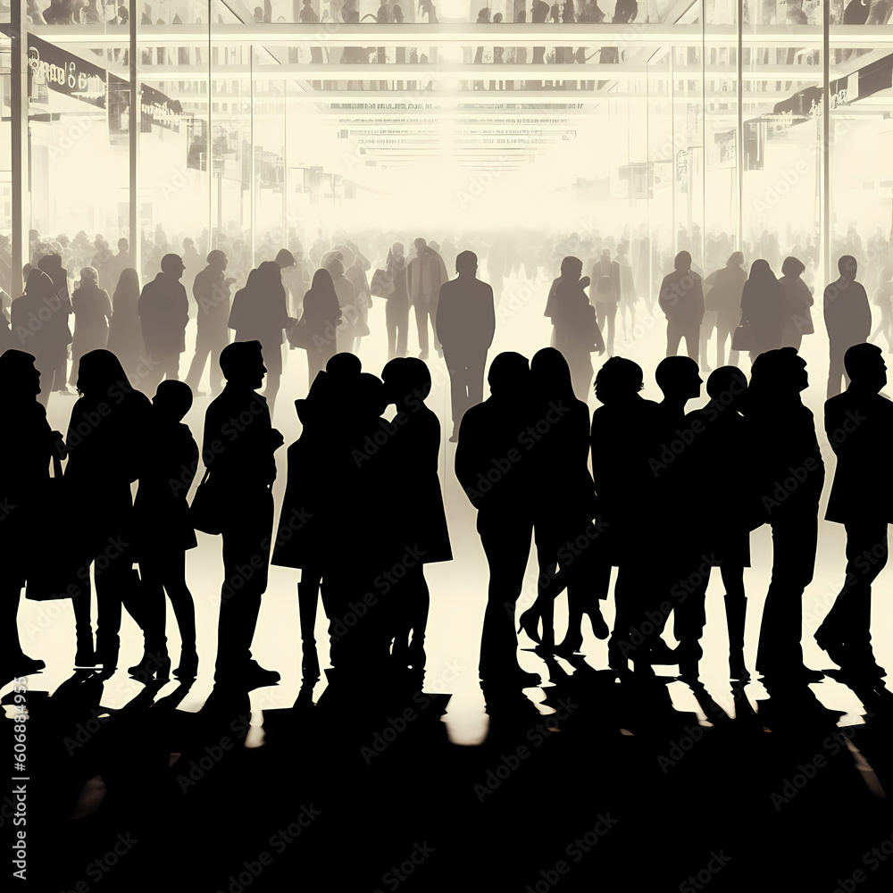 Busy group of people, public silhouettes colorful design, high detail shopping centre Generative AI