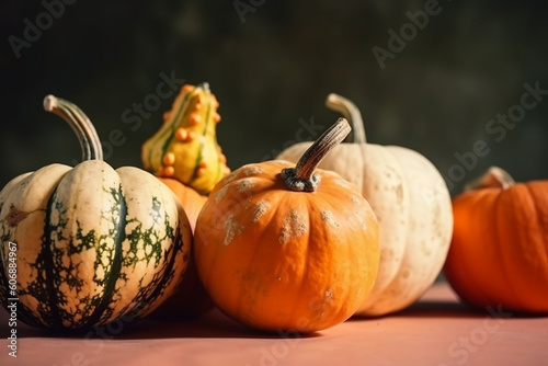 three assorted pumpkins on dark background, horizontal. Halloween and Thanksgiving autumn concept. AI generated