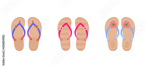 Three pairs of summer beach shoes for women. Vector illustration of flip-flops in bright colors on flat sole with fashion accessories in flat style on white isolated background, top view.