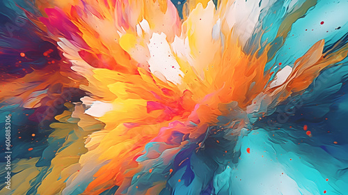 Energetic abstract background with vibrant splatters and dynamic brush strokes  employing a wide-angle lens to capture the boldness and movement. Generative AI