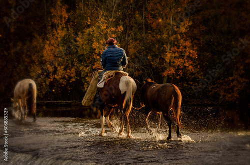 country man returning home on horseback at sunset, crossing the river, warm colors.