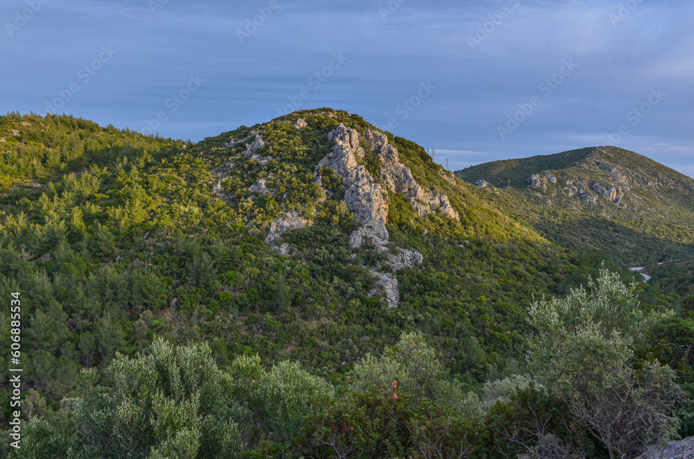 country road passing through forest, hills and rocks on Karaburun peninsula near Karareis (Izmir province, Turkiye) country road passing through forest, hills and rocks on Karaburun peninsula near Karareis (Izmir province, Turkiye)