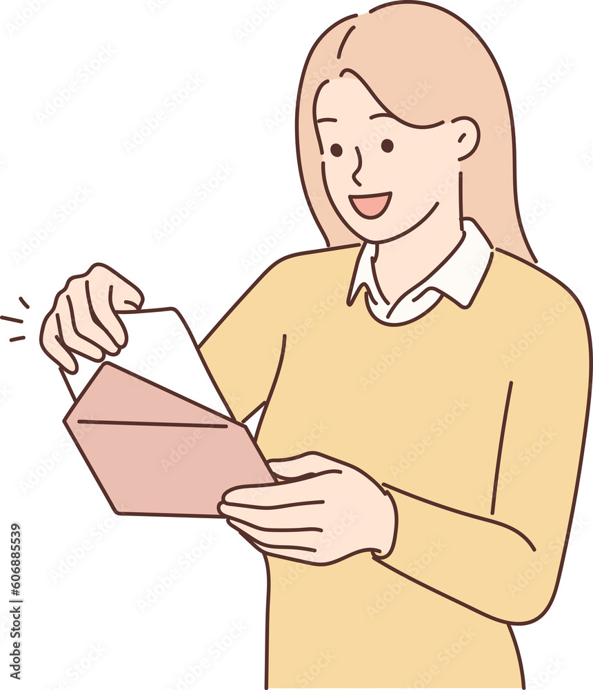 Positive woman with envelope received invitation to wedding ceremony of friends or colleagues Positive woman with envelope received invitation to wedding ceremony of friends or colleagues
