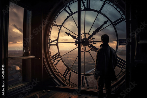 Man standing behind a large clock looking out over city. Generative AI.. photo