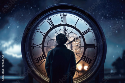 Man standing behind a large clock. Generative AI.. photo