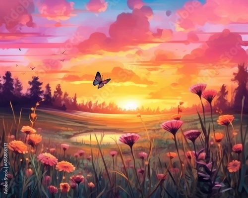 At sunset, butterflies on a beautiful meadow. (Watercolor style, Generative AI)