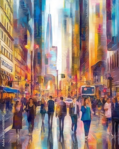 AI generates blurred walking businessmen in the city. (Illustration, Generative AI) © HandmadePictures