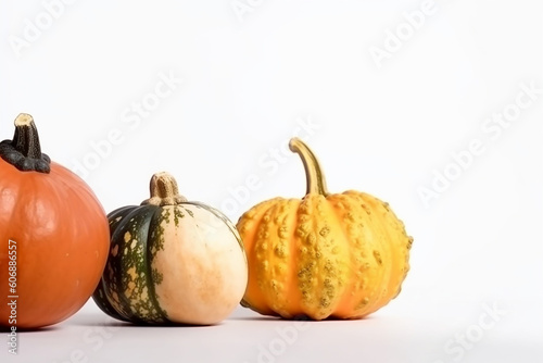 Three assorted pumpkins isolated on white background, horizontal. AI generated