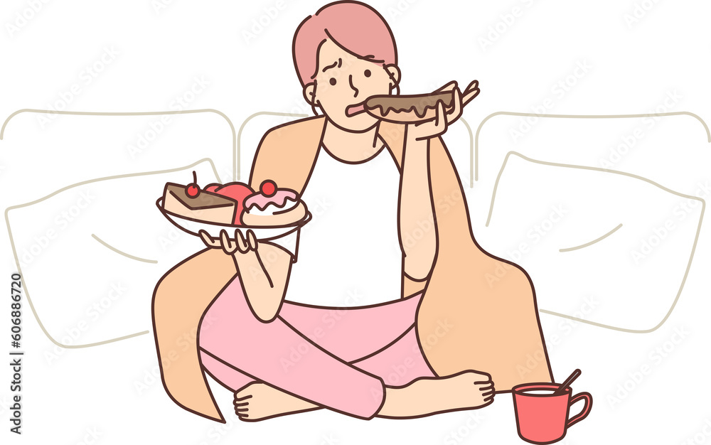 Φωτογραφία Sad woman eats lot of sweet high-calorie food wanting to get rid of stress after
