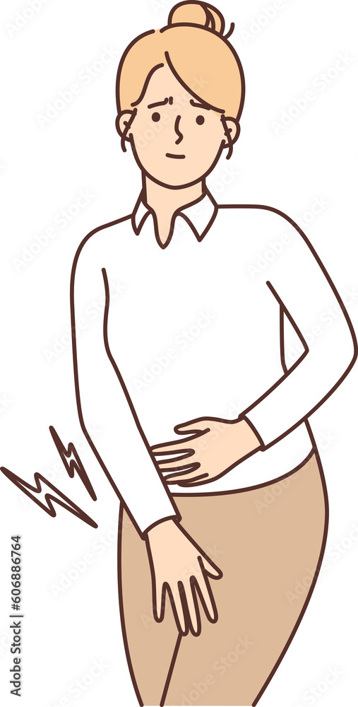 Unhappy girl painfully presses palm to perineum during menstruation or bladder problems Unhappy girl painfully presses palm to perineum during menstruation or bladder problems