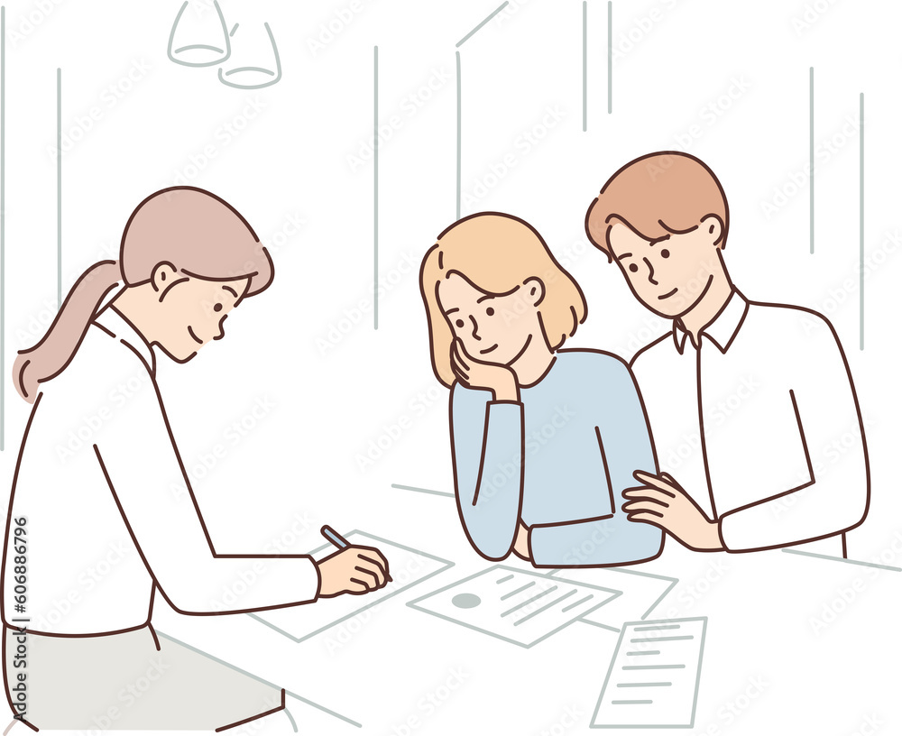 Married couple is consulting insurance agent or lawyer and drawing up marriage contract in office Married couple is consulting insurance agent or lawyer and drawing up marriage contract in office